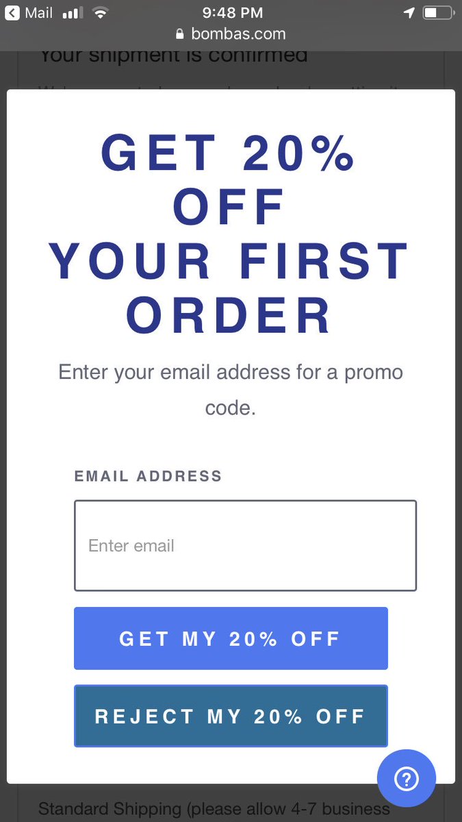 AshMarie_P's tweet photo. @BOMBAS just placed my first order. So excited! But for. the. love.  if I try 2 view or track my order one more time &amp; am UNABLE to get past this pop up ad about my first order (even though it’s not my first order!!) U might lose me before you even have me. https://t.co/GLkXHOexOO