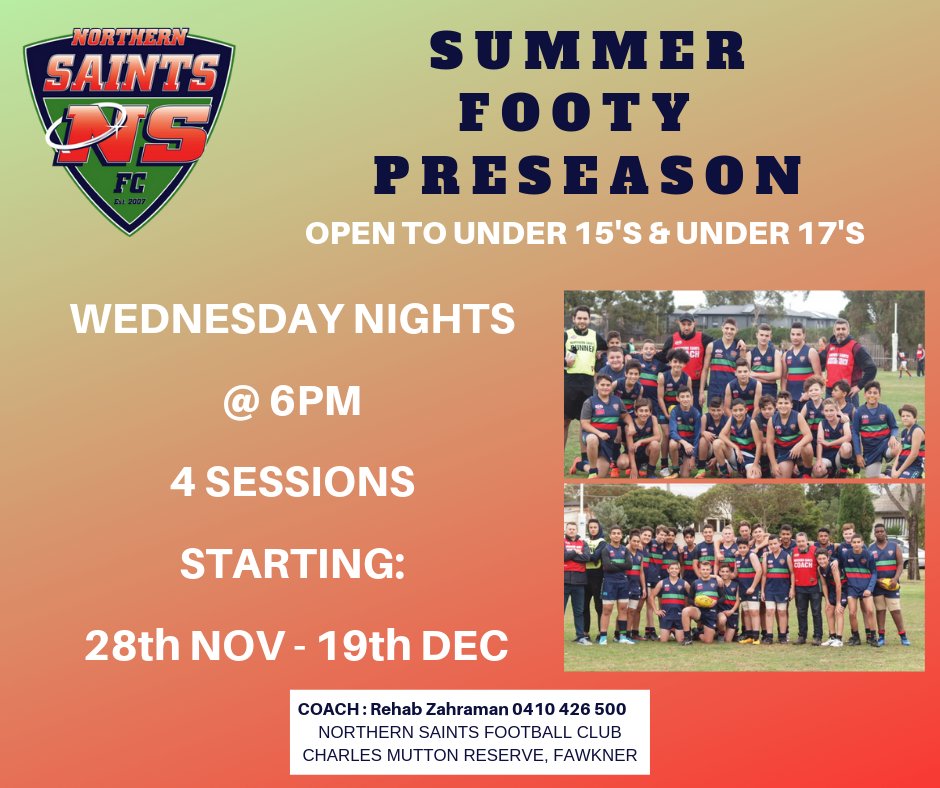 U15's &amp; U17's - Get ready for the 2019 season by starting your preseason now.
Runs for 4 weeks before the Summer holidays. Wednesday 28th November at 6pm #northernsaints #gosaints #juniors #footy #edfl 
<a href="/ActiveMoreland/">Active Moreland</a> <a href="/morelandleader/">Moreland Leader</a> <a href="/EDFLfooty/">EDFL</a>