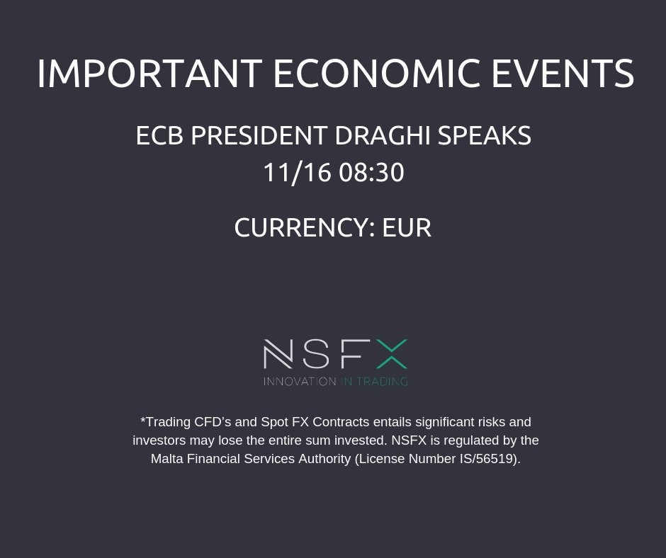 NSFX_Trading's tweet photo. IMPORTANT ECONOMIC EVENTS: ECB President Draghi Speaks. 11/16/2018 08:30. CURRENCY EUR. https://t.co/hEHINbX8MW  #CFD #ECN #finance #economy #innovation #market $earn #trading #traders #NSFX #currency #MT4 #daytrading #FXsignals #RT #FX #News. https://t.co/hp3g6amyri