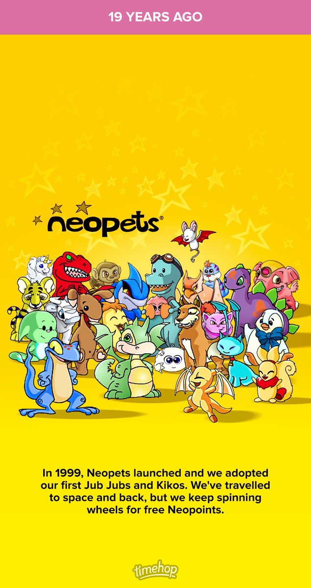 T3XACAN0's tweet photo. In 1999, Neopets launched and we adopted our first Jubs Jubs and Kikos. We've travelled to space and back, but we keep spinning wheels for free Neopoints. (11/15/18) #timehop #abethedino #adampowell #donnawilliams #independent #neopets #virtualpetwebsite #fall1999 https://t.co/yuyK4Zb4hL