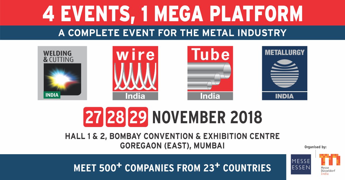 IndiaWelding's tweet photo. India Essen Welding &amp; Cutting
8th International Welding &amp; Cutting Trade Fair
Trade Fair Dates: 27-29 November 2018
Visitors Registration Open Now : https://t.co/UIW6RD0bsI
For Direct Online Registration Click the below link
https://t.co/fDahzPPrlq
#Bombay #Convention #Exhibition https://t.co/GsfV0pcdYx