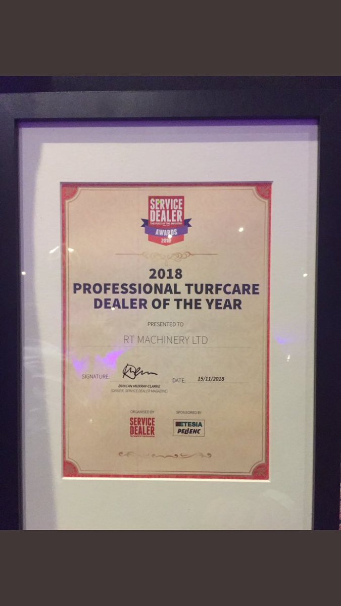 RTMACHINERYLTD's tweet photo. Unexpected and gratefully received, thanks for the nomination and to those who voted for us to win!! #professionalturfcaredealeroftheyear #servicedealer18 @ServiceDealer https://t.co/DFAZnz0f8g