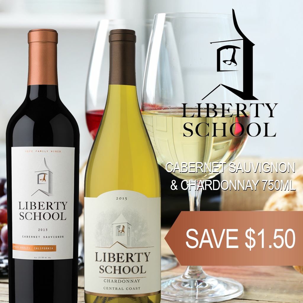 We have a deal on two outstanding Californian wines from Liberty School winery in Paso Robles. Save $1.50 on both their Cabernet Sauvignon and Chardonnay 750ml bottles. They are wines designed to compliment any occasion, to be savoured, enjoyed, and shared.
#LibertySchool #Wines