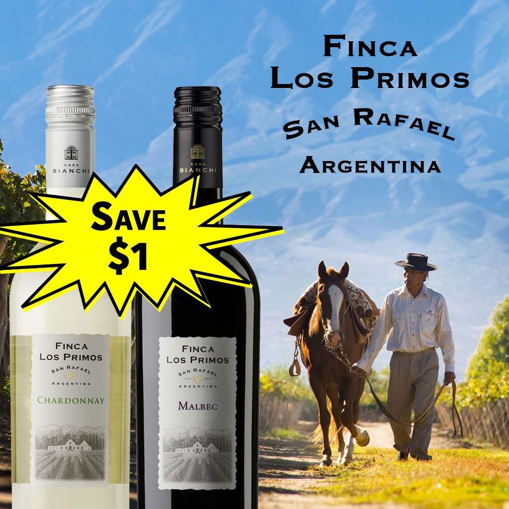 From the Bianchi family winery, founded in 1928 in Mendoza Argentina, comes Finca Los Primos Chardonnay and Malbec wines. Save $1 on both of these fantastic 750ml bottles all month long!

#Wine #Malbec #Chardonnay #Argentina #FincaLosPrimos