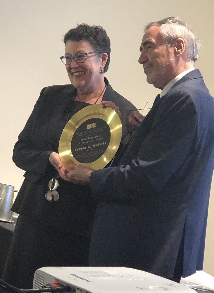 SO DESERVED!!!Congratulations Dr. Terri Moffitt on receiving the Lifetime Achievement Award at 2018 American Society of Criminology Conf. #ASCATL2018 ~ Thank You for your outstanding  &amp; pioneering research on the development of #antisocial #behaviour &amp; importance of #selfcontrol