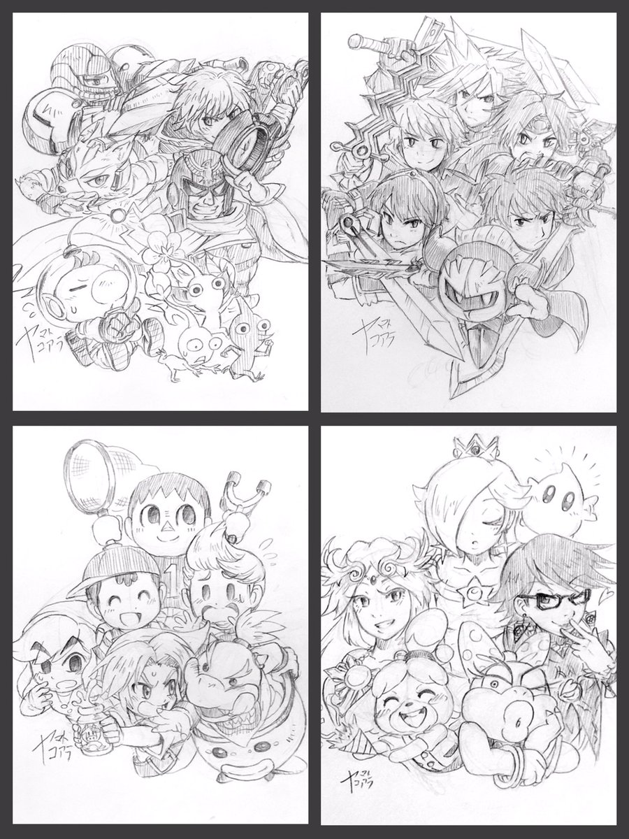 1枚目
スマレンジャー、筋肉と健康組
王族組、ファンシー組
2枚目
特攻性分組、スナイパー組
レトロ組、クール組
3枚目
SF組、剣士組
子供組、お姉さん組
4枚目
ヴィランズ、色変え組、新参戦組
こんな感じでグループわけして全員描いてまいりました
並べてみると落書きでも圧巻だね
