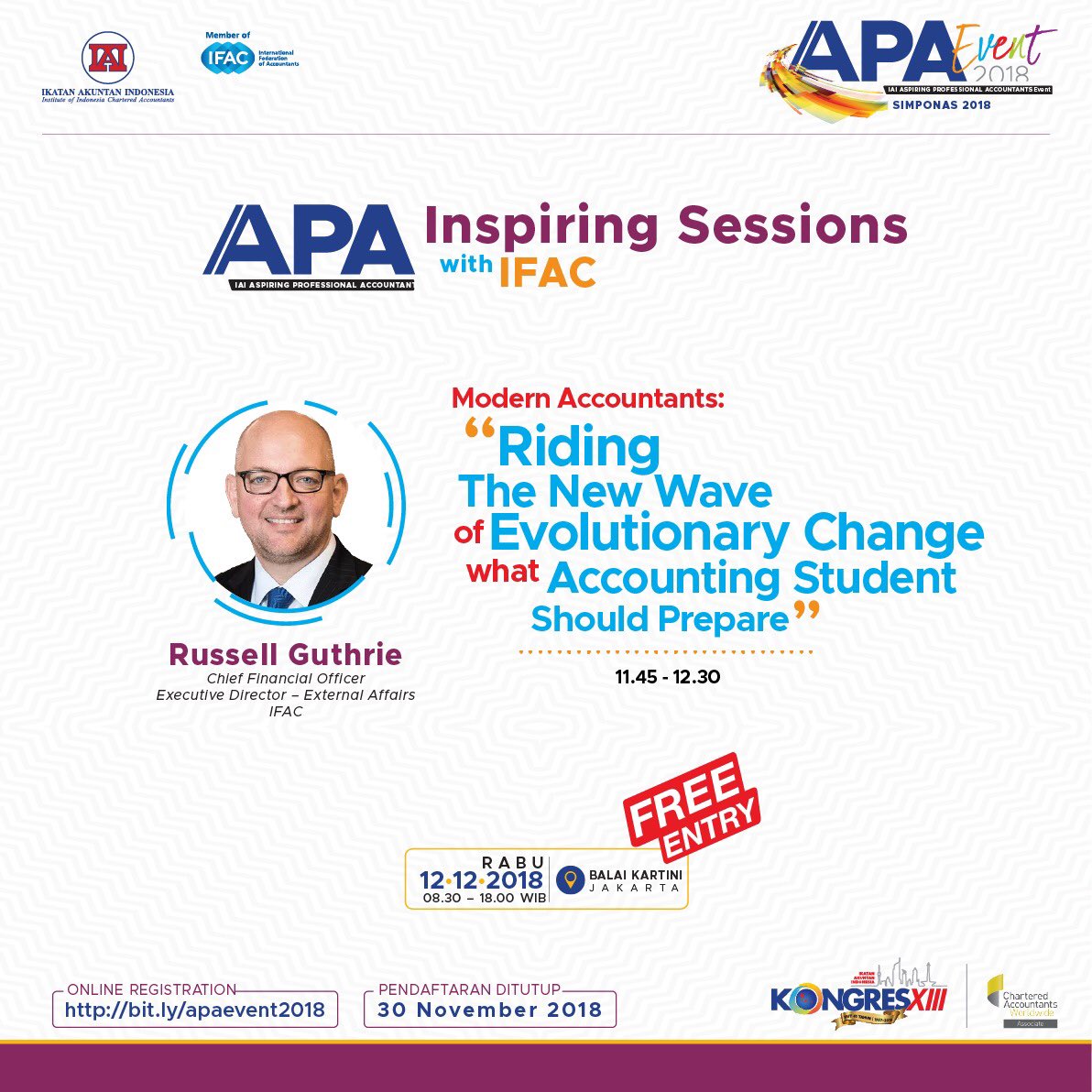 IAINews's tweet photo. We would like to welcome Mr. Russell Guthrie, the CFO, Executive Director - External Affair of IFAC @IFAC to present on #APAEvent2018!
.
Mr. Guthrie will share his view on modern accountants, based on the recent IFAC Publication “Make Way for Gen Z”. https://t.co/3ojtTv31iT