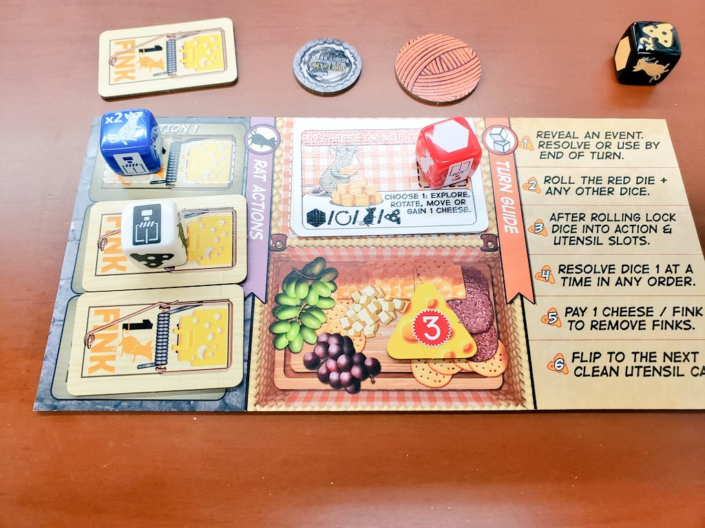 CohortVIIIGames's tweet photo. Got in a good playtest of #RatfinkEscapeClaws at @RainyDayGames #FreshGames designer night! The new Event card changes and new Claws Awareness track on the main board worked well. We had good fortune & outmaneuvered the cat to escape! https://t.co/sob0WsOoZR
