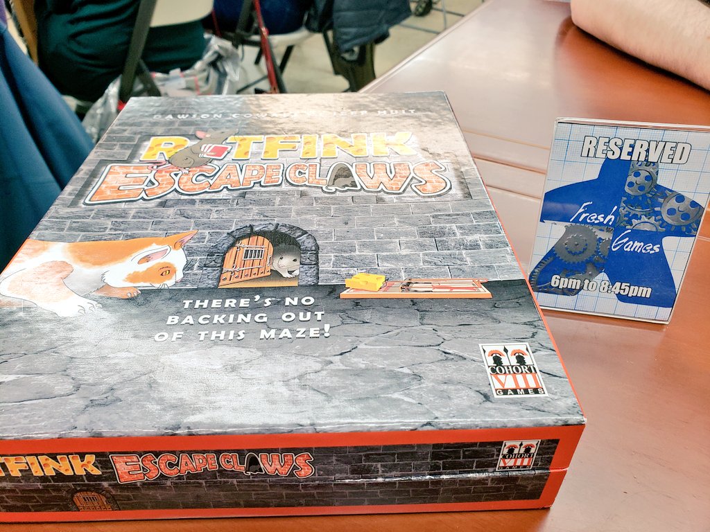 CohortVIIIGames's tweet photo. Got in a good playtest of #RatfinkEscapeClaws at @RainyDayGames #FreshGames designer night! The new Event card changes and new Claws Awareness track on the main board worked well. We had good fortune & outmaneuvered the cat to escape! https://t.co/sob0WsOoZR