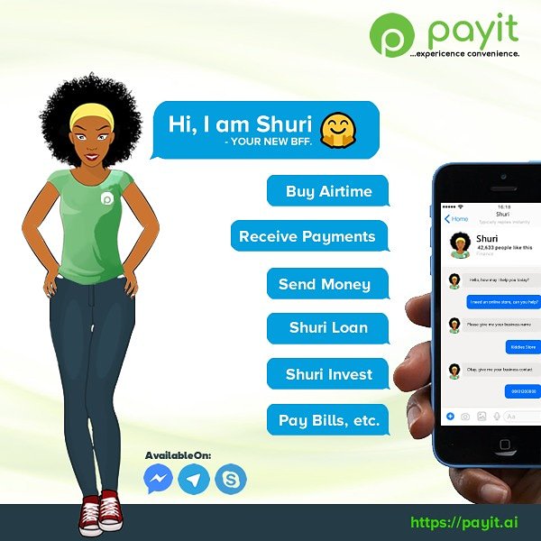 payitng's tweet photo. Chat with SHURI on https://t.co/clxT6P3JVZ or Facebook Messenger, Telegram, Skype to:

*Send Money to any bank account in Nigeria at lower fee.
.
*Buy Airtime and Pay Bills.
.
*Save on payit and get up to 15% interest.
.
*Setup recurring payments.
.
*Manage your expenses and more https://t.co/nZJnU5QAWX