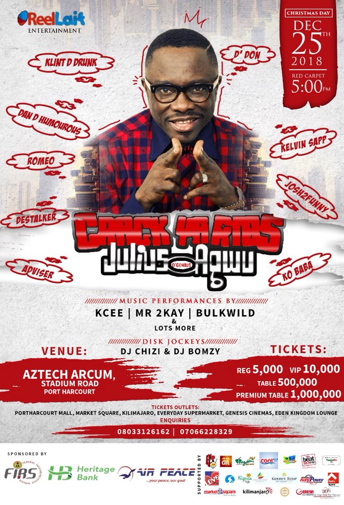 JuliusAgwu1's tweet photo. This #ChristmasDAY🎄on 25thDEC2️⃣0️⃣1️⃣8️⃣, all road in RiversState Nigeria🇳🇬 lead to #AztechArcum StadiumRD🛣 for #CRACKyaRIBS🎤😂 #UNmissable🥁 https://t.co/20WTWOtFzA