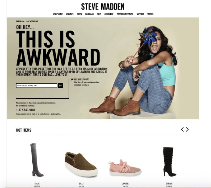 AshiaLee1's tweet photo. @kiyongkim One of the best 404 pages i've seen is Steve Madden's. On their page they apologize to their customers while expressing their love for their customers as well.  They are a show company so also having products on their 404 page is really clever! #BUSM18 https://t.co/mNZOmUdnAm