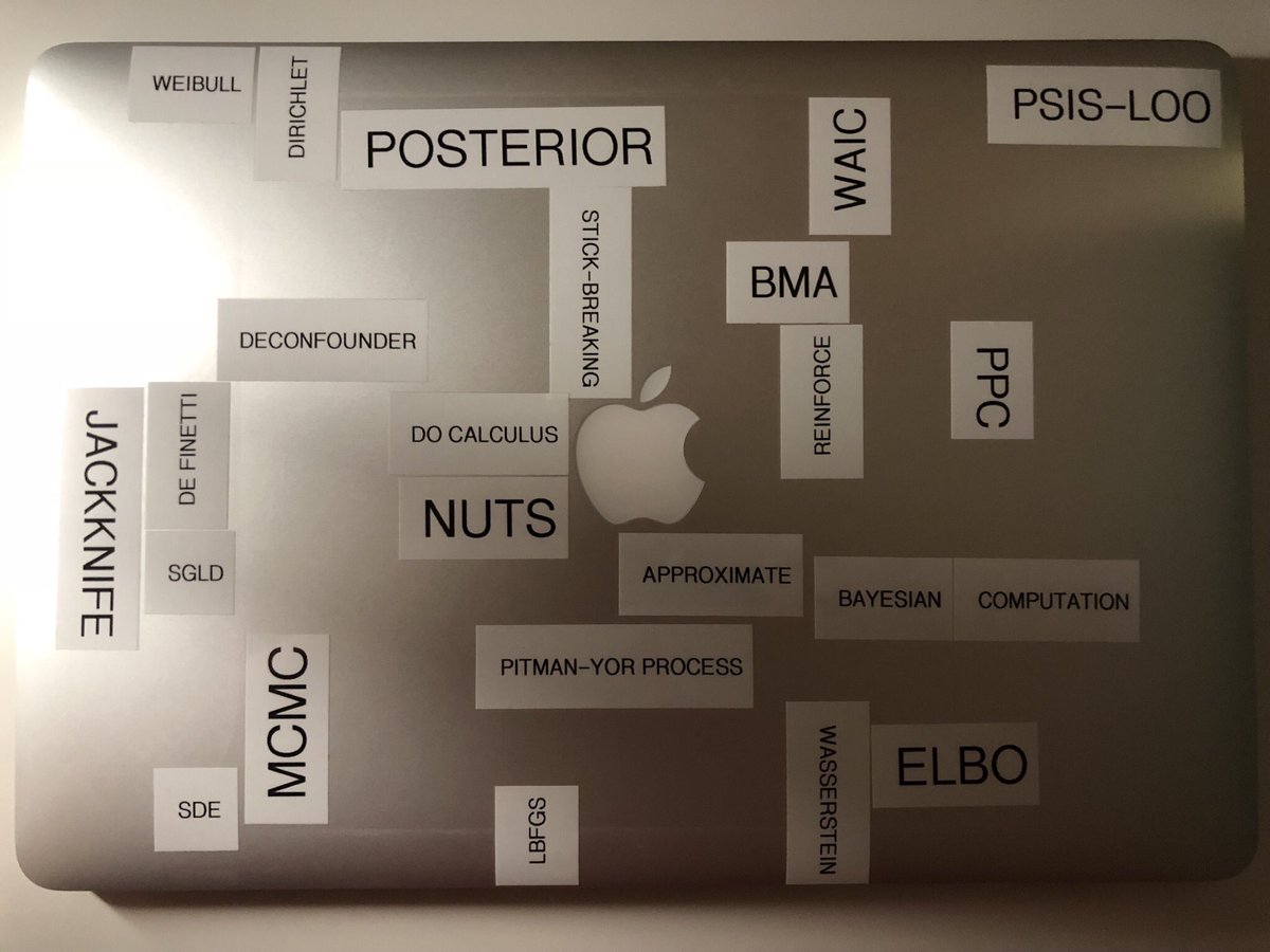 LLCMLR's tweet photo. Just got my laptop back from Apple after battery replacement. Obviously having too much fun with cheap stickers. #bayesian #MacBookPro #stickermachine #statistics #MachineLearning https://t.co/2muXpu1w4K