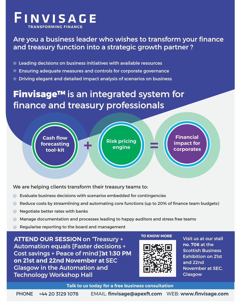 ArshdeepJindal's tweet photo. Interested to know why automation is key to a successful corporate treasury or finance team? Visit us @ScotBizEx @NewStart_Scot  at stall no 706 on 21-22 Nov and experience the magic yourself. #SBE18 #NewStart18 #Treasuryautomation  #riskmanagement https://t.co/UGjvJnvFyF