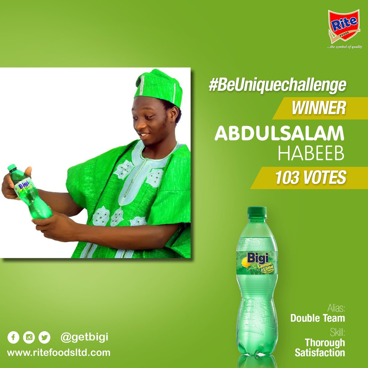 drinkbigi's tweet photo. Congratulations to our #BeUniqueChallenge winners who won by popular vote. They all did put up a good fight. 

#BeUniqueChallenge 
#beunique 
#TasteSquad https://t.co/wVSTm8o5HD