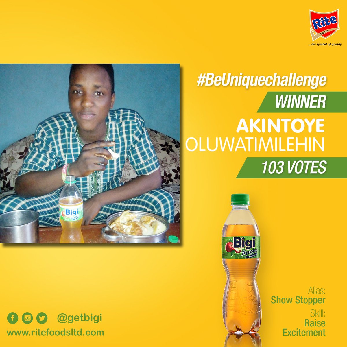 drinkbigi's tweet photo. Congratulations to our #BeUniqueChallenge winners who won by popular vote. They all did put up a good fight. 

#BeUniqueChallenge 
#beunique 
#TasteSquad https://t.co/wVSTm8o5HD