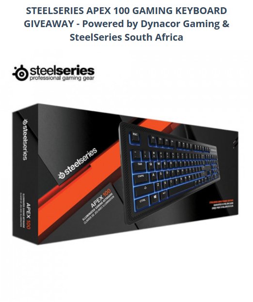 DynacorGaming's tweet photo. It's GIVEAWAY TIME! We've teamed up with @SteelSeriesZA and will be giving away a SteelSeries APEX 100 GAMING KEYBOARD to one lucky winner on the 23rd November 2018. *The competition is only valid to South African residents. RT's appreciated. Enter here:  https://t.co/1o5wFXmIKx https://t.co/NqQMq4dsjQ