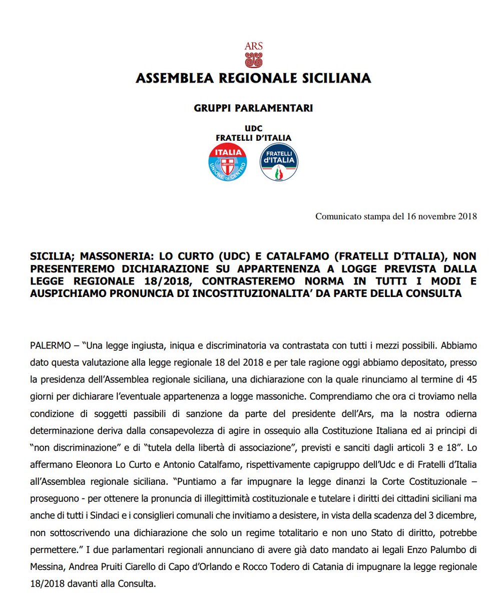 GOI_Sicilia's tweet photo. Comunicato stampa dei Gruppi UDC e Fratelli d'Italia all'Assemblea Regionale Siciliana sulla Legge regionale 18/2018
@bisisiena @GoiStampa @GrandeOrienteit https://t.co/05XejTPoSu