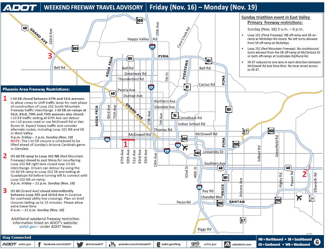 azfamily's tweet photo. Hitting the road this #weekend? @ArizonaDOT has planned closures on both the I-10 and U.S. 60 in #Phoenix. #aztraffic #trackingtomorrow
https://t.co/gzOnAdGwDO https://t.co/vpOiSb1itc