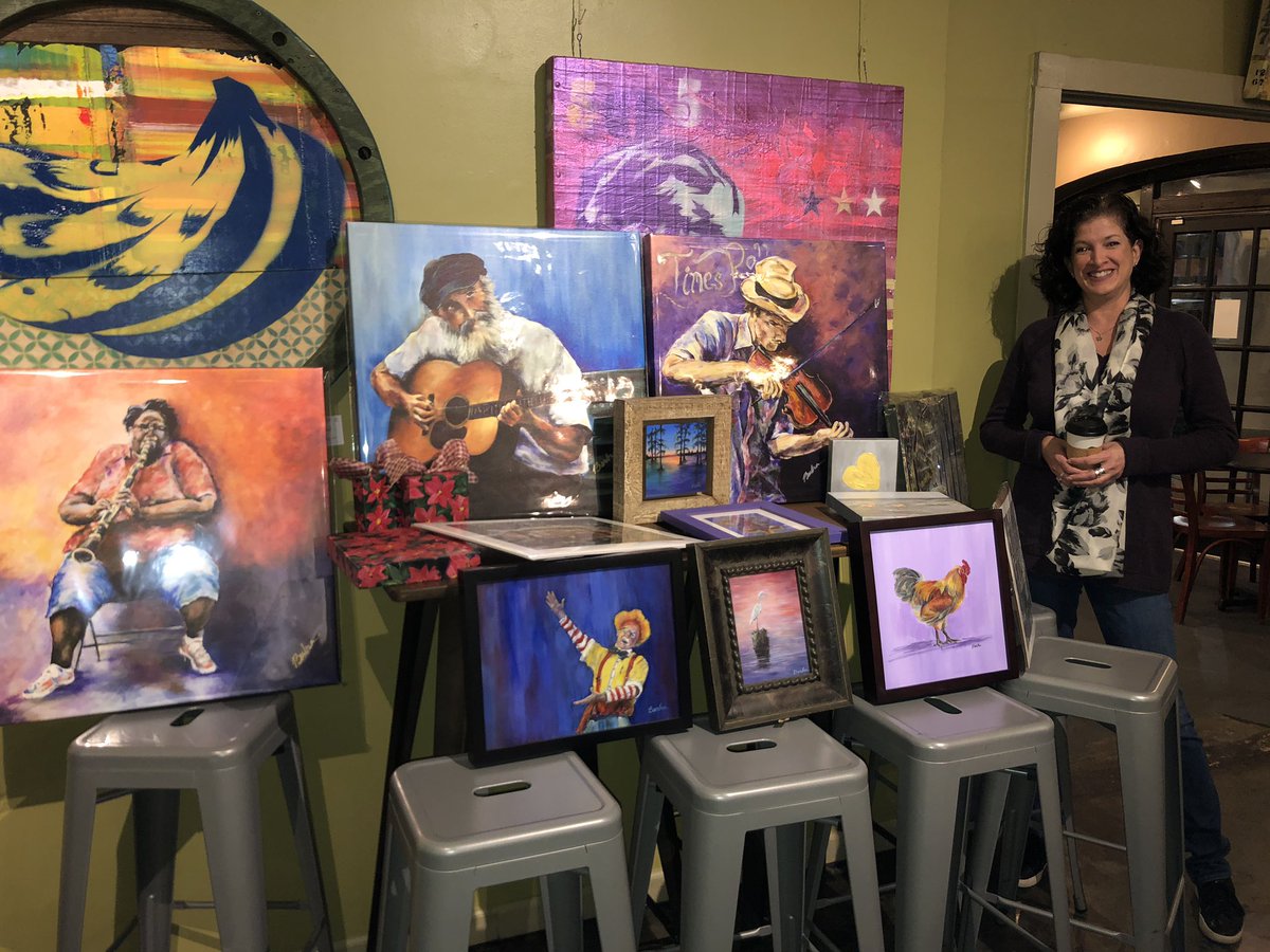 lizkohTV's tweet photo. Did you meet Barbra Hearn West? She’s a local artist who has only been painting for 3 years. WHAT! Talk about talent!! Tonight, she’s going to be set up in front of Anthony’s Deli. Come visit with Barbra and check out her art! #WhiteLightNight https://t.co/A8fiVjLwzk