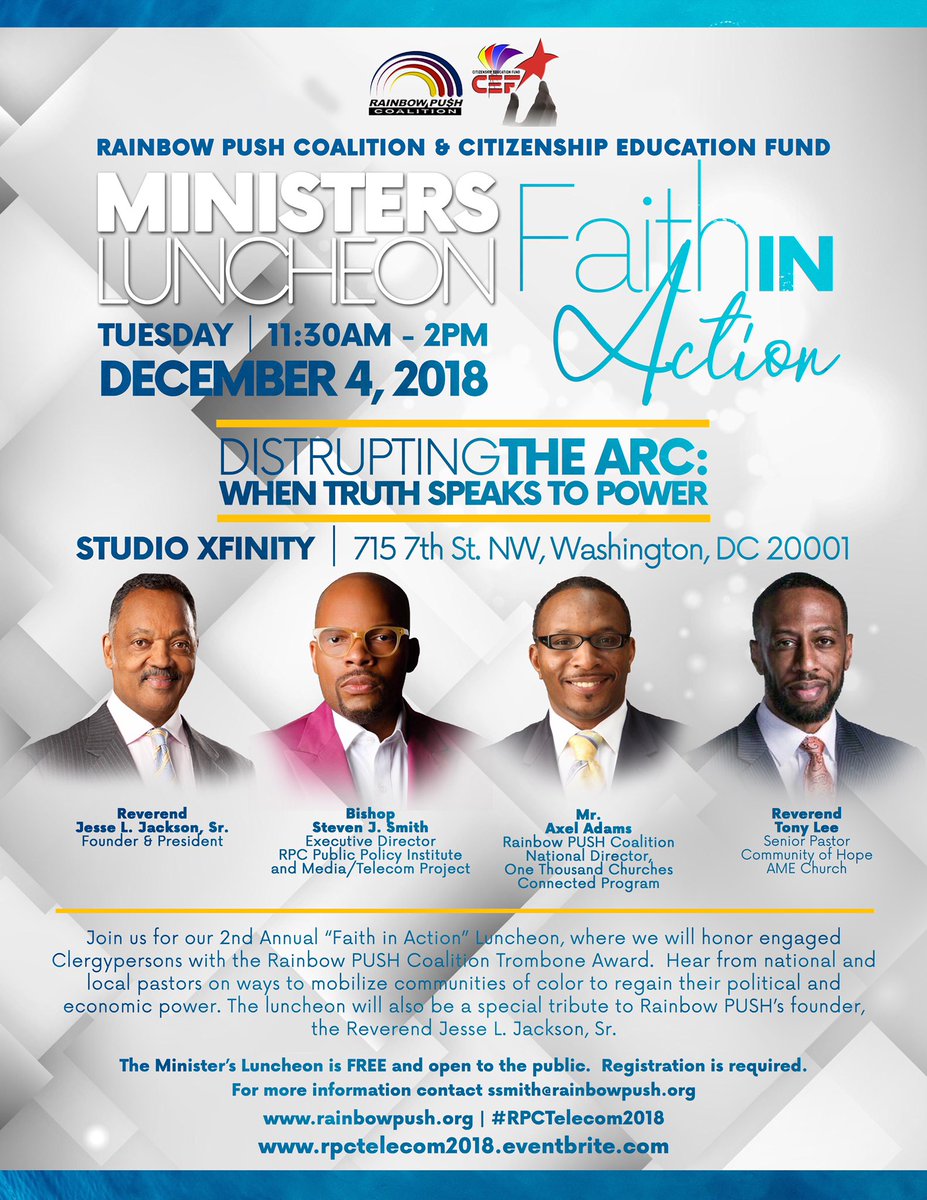 RPCoalition's tweet photo. WHEN TRUTH SPEAKS TO POWER. We are DISRUPTING THE ARC. FAITH in ACTION. Ministers’ Luncheon Tuesday 11:30am-2pm December 4, 2018 REGISTER TODAY #StudioXfinity https://t.co/PhAReUsNPa #KeepHopeAlive! #RPCTelecom2018 https://t.co/cN2oY7aEBK