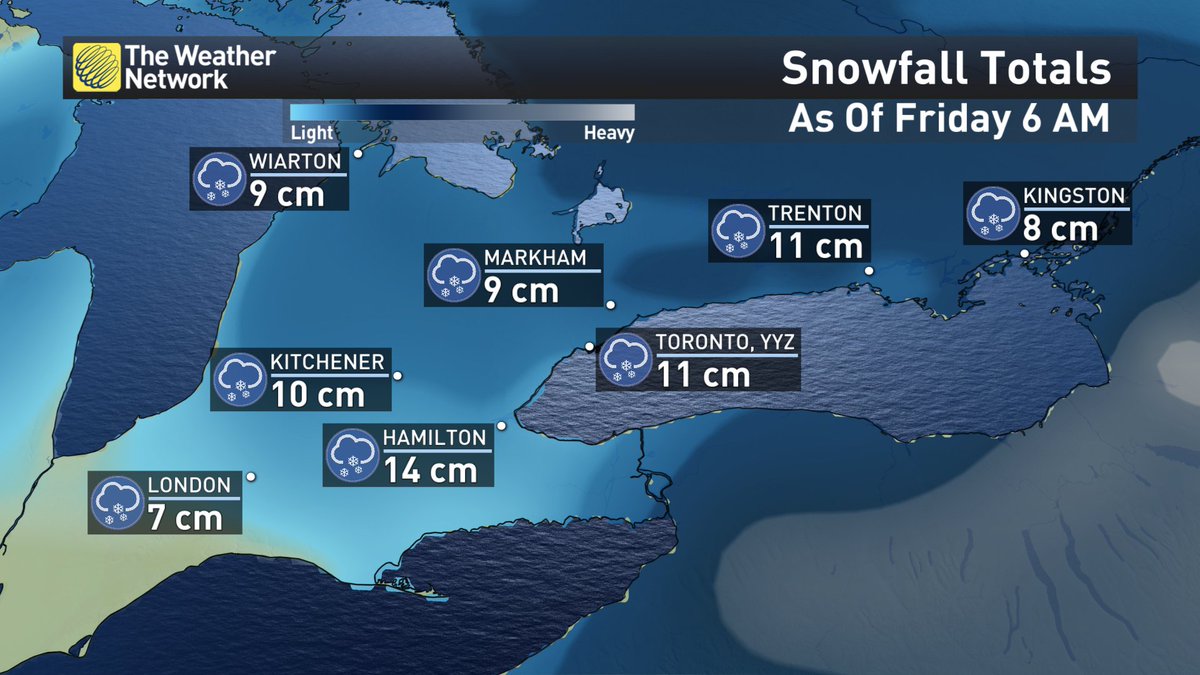NicoleKarkic's tweet photo. And it's still only fall... Snowfall totals as of 6 am EST for Ontario. #toronto #Kingston #onstorm #firstbigsnow https://t.co/ogNYBzUlKN