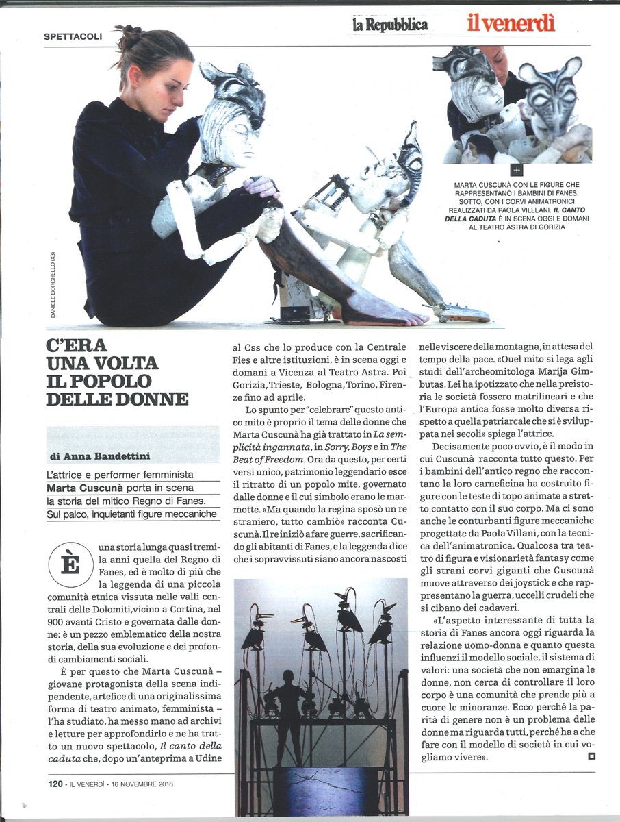 CSSTeatrostabileFVG (@cssudine) on Twitter photo C'era una volta il popolo delle #donne: la nostra <a href="/MartaCuscuna/">Marta Cuscunà</a> con i suoi corvi animatronici spicca il volo per una lunga #tournée con la sua ultima potente creazione Il canto della caduta. Da stasera e domani al <a href="/TeatroAstra/">Teatro Astra Vicenza</a> #Vicenza.
<a href="/AnnaBandettini/">Anna Bandettini</a> <a href="/repubblica/">Repubblica</a> C'era una volta il popolo delle #donne: la nostra <a href="/MartaCuscuna/">Marta Cuscunà</a> con i suoi corvi animatronici spicca il volo per una lunga #tournée con la sua ultima potente creazione Il canto della caduta. Da stasera e domani al <a href="/TeatroAstra/">Teatro Astra Vicenza</a> #Vicenza.
<a href="/AnnaBandettini/">Anna Bandettini</a> <a href="/repubblica/">Repubblica</a>