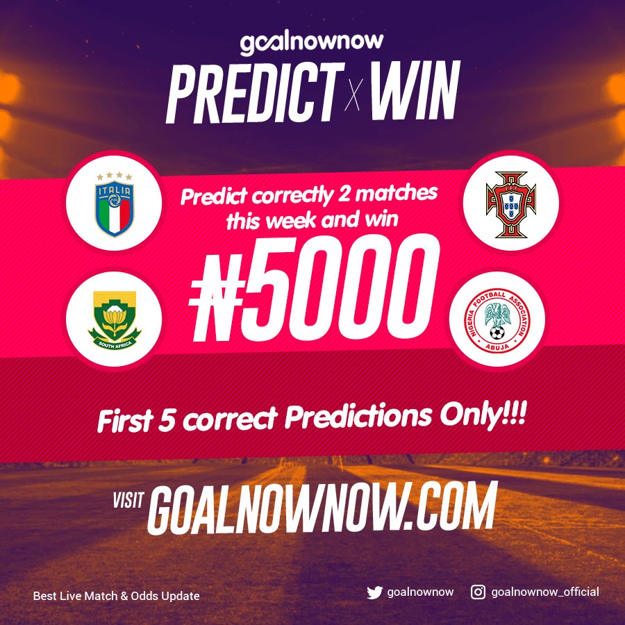 OrigiDoctrine's tweet photo. Predict correctly the scoreline of 2 matches to stand a chance of winning 5,000 Naira.
Rules:
-Visit https://t.co/ZbZqSAIBP6 to predict
-Retweet this tweet
-Use the hashtag #predictandwin5k sending us a screenshot of your prediction.
-Follow this account.
#goalnownow https://t.co/KSxstytWrc