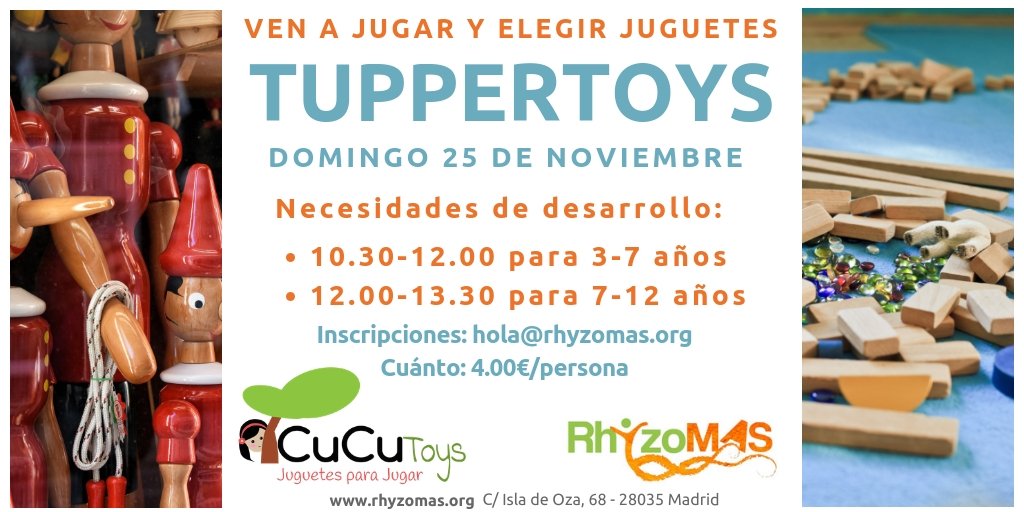 espacioRhyzoMAS's tweet photo. Ante la oferta abrumadora de juguetes, ¿cómo responder realmente a las necesidades de mi hij@?
Os ofrecemos venir a @espacioRhyzoMAS a tocar y jugar a nuestro TUPPERTOYS el domingo 25/11 en dos horarios distintos para cada necesidad de desarrollo https://t.co/h5lNf1yL34