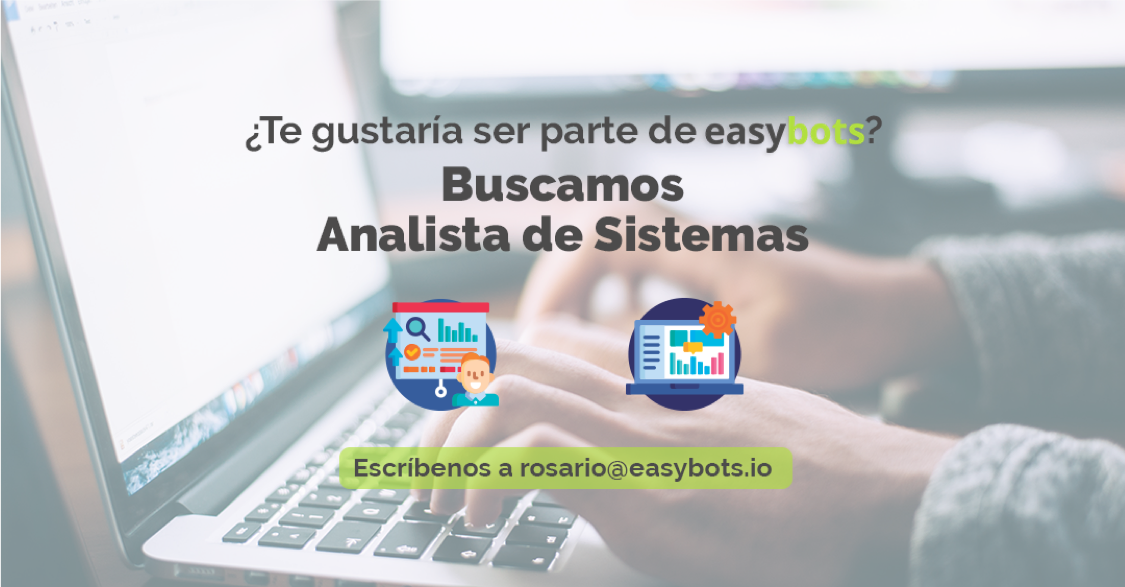 easybots_io's tweet photo. Nos encontramos en la búsqueda de un(a) Analista de Sistemas para el área de desarrollo de bots.
Requerimientos: Carrera de Analista Programador o Ingeniero en Informática con 1 o 2 años de experiencia en el área.
Si esa persona eres tú, escríbenos a rosario@easybots.io 📩 https://t.co/ok7zgVGrGm