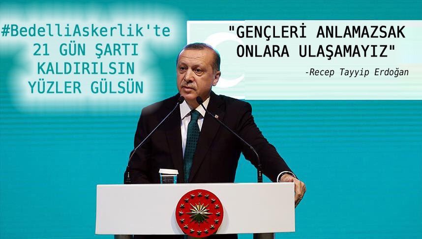 #BedelliyiİptalEdiyoruz

Bu #bedelliaskerlik yasası kimin mağduriyetini giderdi
-Kendi işini kurmuş insann mı?
-Hastasını bırakamayanın mı?
-Askerlik sebebiyle evlenemeyip yuva kuramayananın mı?
-Bakaya olduğu için işinden çıkarılanın mı⁉️⁉️⁉️

 <a href="/RT_Erdogan/">rt_erdogan</a> <a href="/TCMeclisBaskani/">Arşiv Hesabı</a>