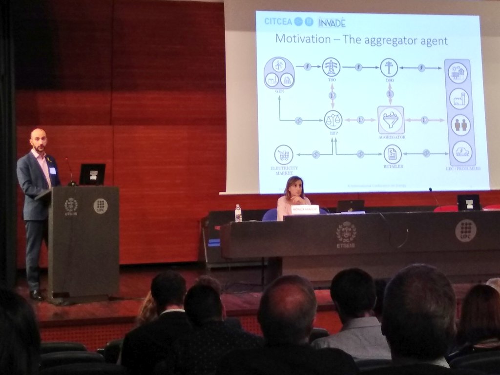 LloretPau's tweet photo. Last but not least, @polivros from @CITCEA describes at #JIIE2018 the aggregator role we are developing in the @INVADEH2020 project to offer flexibility services to DSOs, BRPs and prosumers https://t.co/9Br9ytq595
