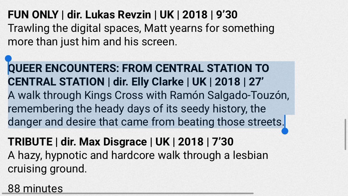 elly_clarke's tweet photo. My 27 min single-shot film Central Station to Central Station I made w Ramón Salgado-Touzón as part of #QueerEncounters King's Cross this year has its first ever cinema screening at @fringefilmfest TOMORROW! 17th Nov, alongside a fab programme of shorts. https://t.co/qA9Iod34NN https://t.co/09PsgAcjsj