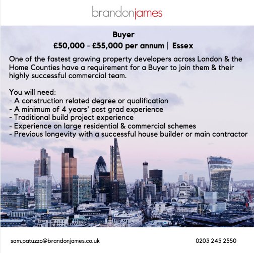 BrandonJamesJob's tweet image. Interested? Read more here - ow.ly/Rxoi30mDEzC or contact Sam Patuzzo on 01628 367036.

Looking for other opportunities? Visit our website at brandonjames.co.uk.
We’re always happy to discuss your next move.

#buyer #essex #construction