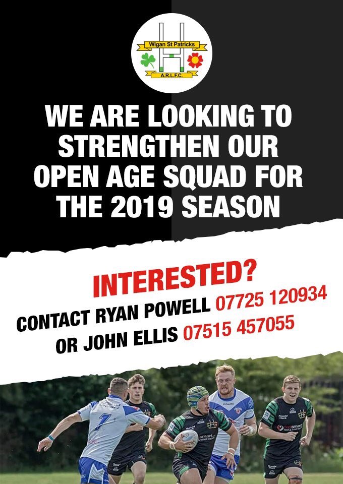 In 2019 <a href="/wigan_st_pats/">Wigan St Patricks RL</a> are going to be bigger and better than ever. New Year, new lead coach, better facilities, new Open Age support team. Want to be part of it? Give us a call. #upthepats #rugbyleague <a href="/TheRFL/">Rugby Football League</a> <a href="/OfficialNCL/">National Conference League - RL</a> @NorthWestRL <a href="/LancashireArlfc/">Lancashire ARLFC</a>