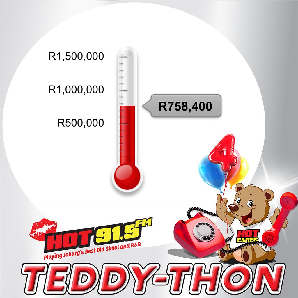 Hot1027FM's tweet photo. Starting at 6am this morning, our goal is to raise a whopping R1.5 MILLION with our Teddy-Thon! Thanks for all the amazing support we have received thus far! We have just gone past the half-way target!!!
Keep it coming Joburg! Pledge now! https://t.co/XkZAUZ4A3s
#teddython2018 https://t.co/ghaAHqP3I7