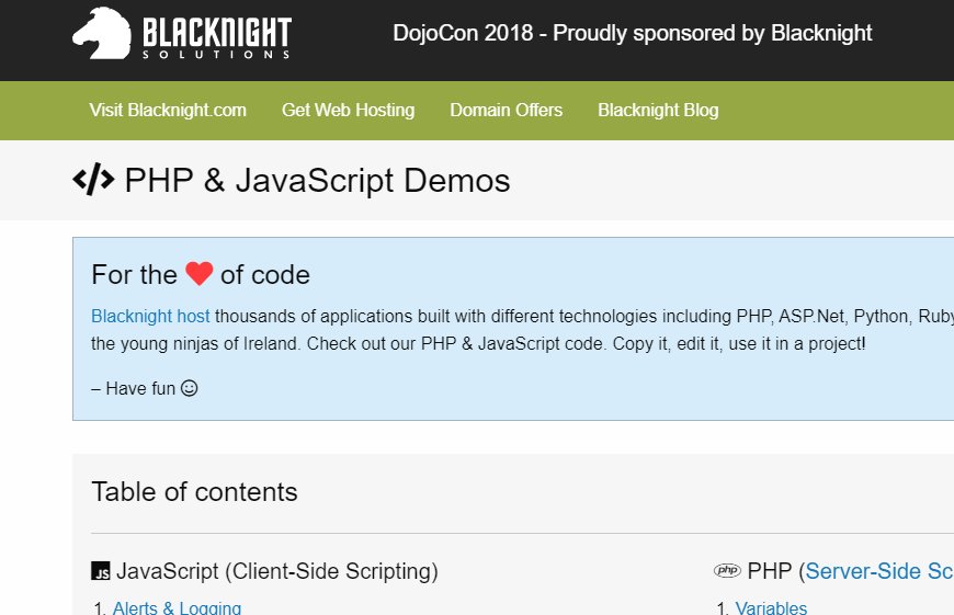 blacknight's tweet image. Always wanted to learn how to #CodetheWeb with #PHP and #JavaScript? Why not start by checking out the demo page we created for @DojoCon? (The #PHP scripts are perfect for use on our web hosting plans) blacknight.com/dojocon/