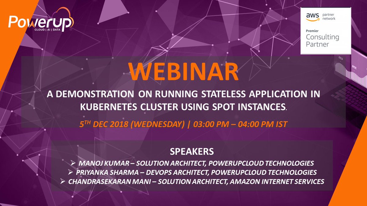 Powerupcloud's tweet photo. Join us in this engaging webinar to find out how to use Spot instances in Kubernetes Cluster or EKS.
Register here: https://t.co/e0m1U2F2PH
#Powerup #AWS #wellengineered #SpotInstances #Kubernetes #webinar #StatelessApplication #KubernetesCluster https://t.co/6pmQ8Wr45c