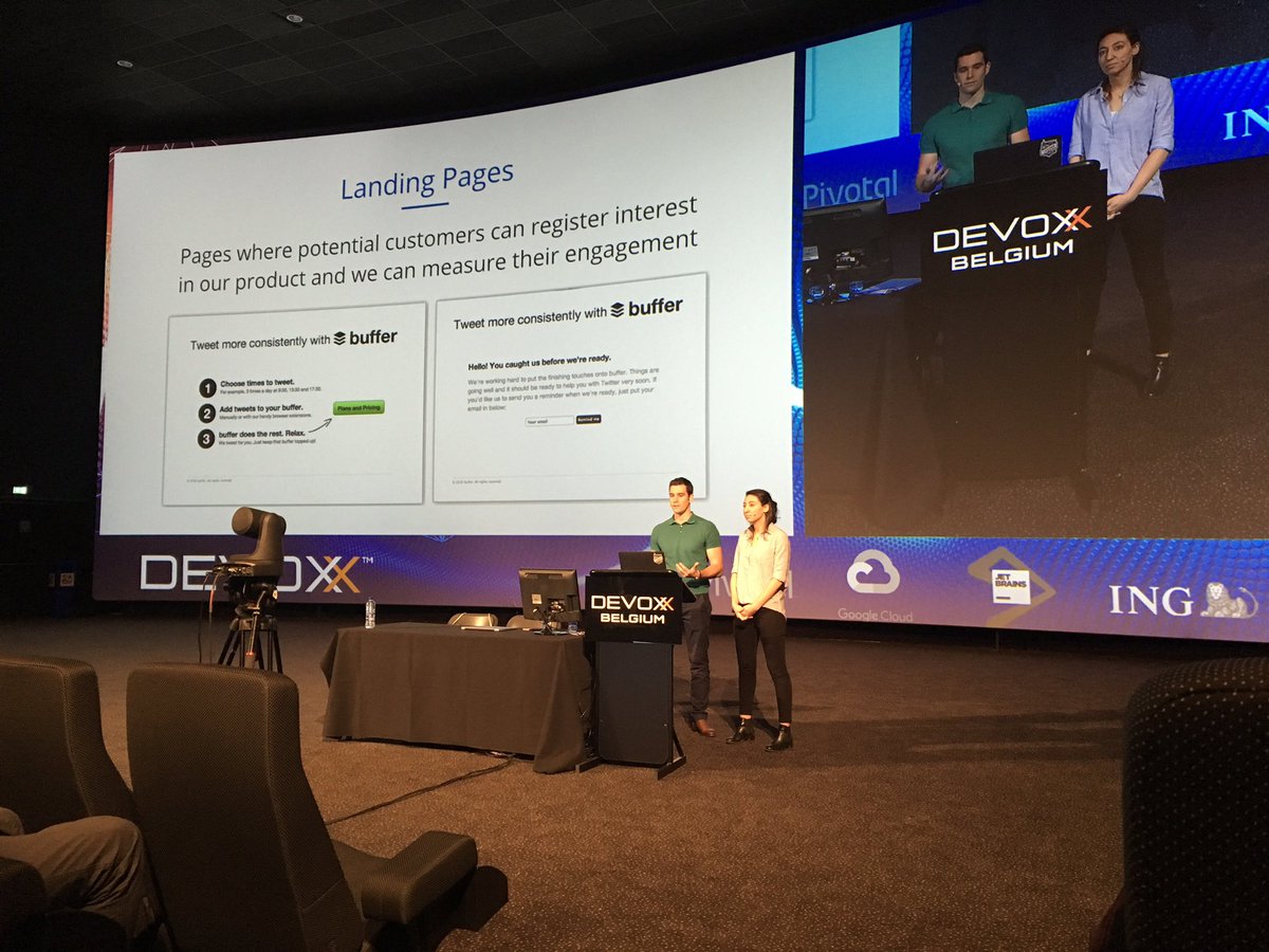 stieno's tweet photo. Start with a hypothesis and then test them #leanstartup. Techniques; Facade Ads, Wizard of Oz, Kickstarter Campaigns, ... #bppca #devoxx https://t.co/Bu5ize2hBz