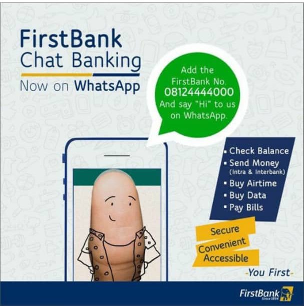 FirstBankngr's tweet photo. You can now chat with your favourite bank on WhatsApp as we bring banking closer to you. Add us on WhatsApp on 08124444000 and get chatting. #ChatBanking #EasyBanking #BankingGetsCloser #YouFirst https://t.co/1b0rssXZpk