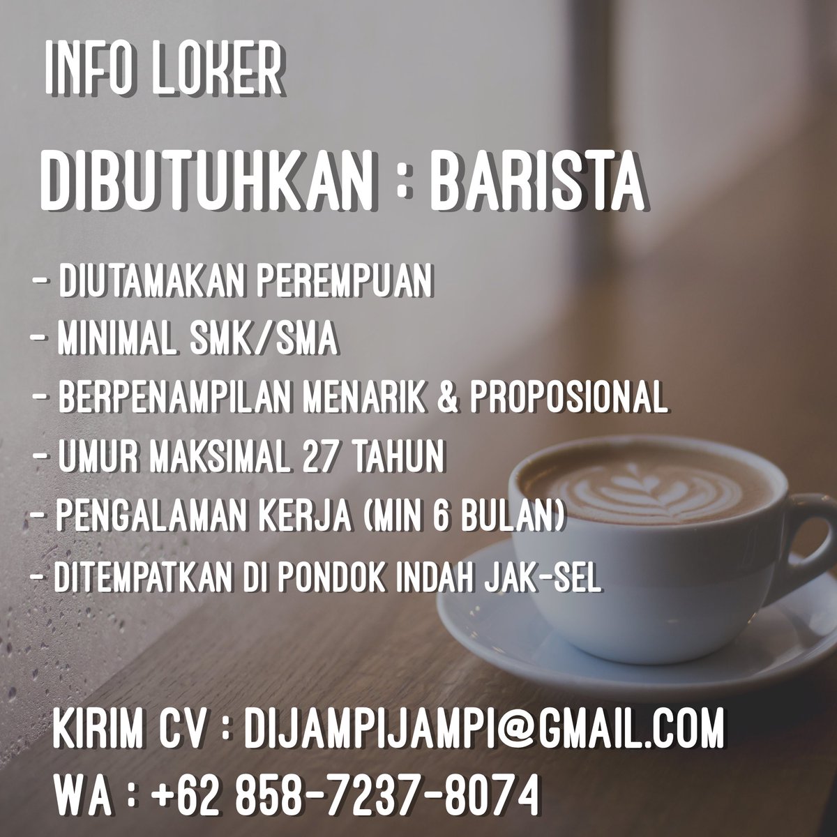 Pazopaz's tweet photo. #infoloker #loker #lokerjakarta #baristajakarta #barista #LOWONGANKERJA #lokerbarista https://t.co/lmW2bPm0Lm