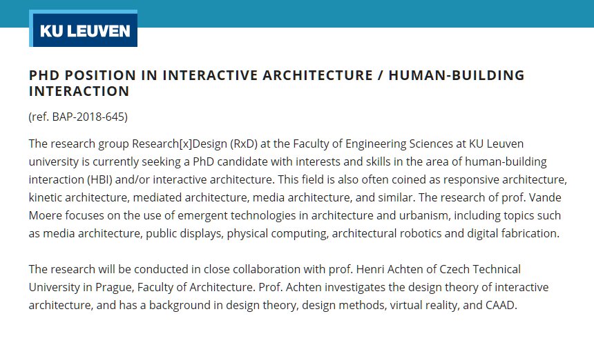 researchxdesign's tweet image. Interested in investigating how the interactive augmentation of architectural features can influence the human experience of space? One more week to apply for this PhD position in #interactivearchitecture and join our team! #vacancy @FirWEngSc @kuleuvenADS kuleuven.be/personeel/jobs…