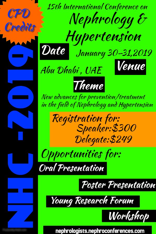 Nephrology20191's tweet photo. Nephrologists Congress 2019
Submit the abstract:https://t.co/boqG4MFARX…
The early bird date is: November 20,2018
Be the early bird and get the best discounts on your registration.
Registration:https://t.co/5lG1pzABq9 https://t.co/HQGtbUU5wH