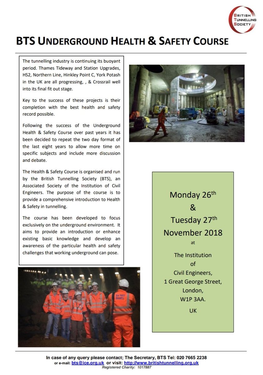 The 2 days Underground Health and Safety Course held <a href="/ICE_London/">ICE London</a> on the 26 &amp; 27 November is fast approaching. Spaces are still available.  To book, visit britishtunnelling.org.uk/?sitecontentid…