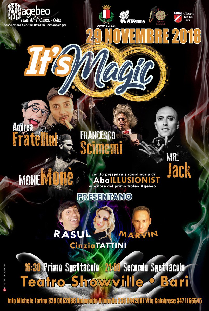 pugliain's tweet photo. Voglia di stupirvi? Giovedì 29 Novembre 2018, presso il Cine Teatro Showville di Bari, si svolgerà “It’s Magic”, mix vincente di solidarietà, stupore e magia che farà divertire grandi e piccini! https://t.co/lbGsmypJQf https://t.co/I2blolgNkd