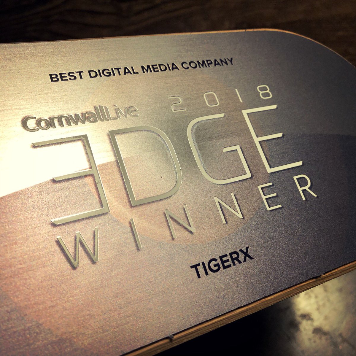 tigerxstudio's tweet photo. So, we won this last night!
@CornwallLive #EDGEawards2018 Best Digital Media Company – sponsored by @growthskillshub https://t.co/3LKUMiScne