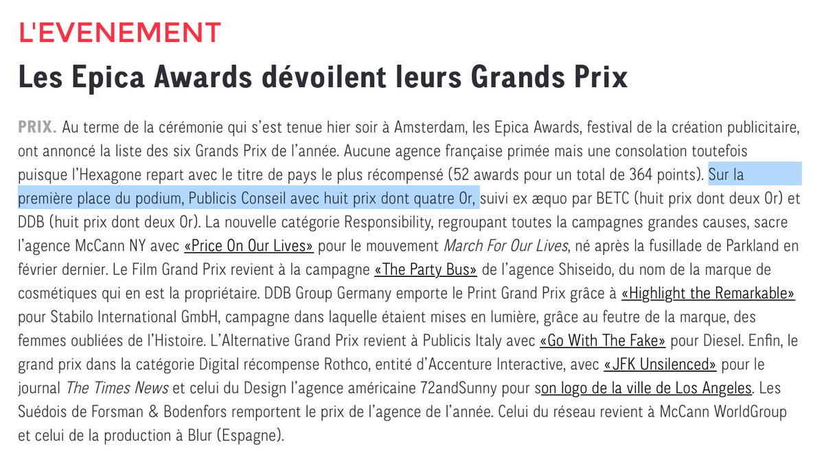 1ÈRE AGENCE FRANÇAISE aux Epica Awards 2018 !!!! 🏆🇫🇷 Avec 4 Or, 2 Argent et 2 Bronze pour France Télévisions, ICM et NESCAFÉ. Un immense BRAVO à toutes les équipes derrière ces magnifiques campagnes ! 🙌 #EpicaAwards