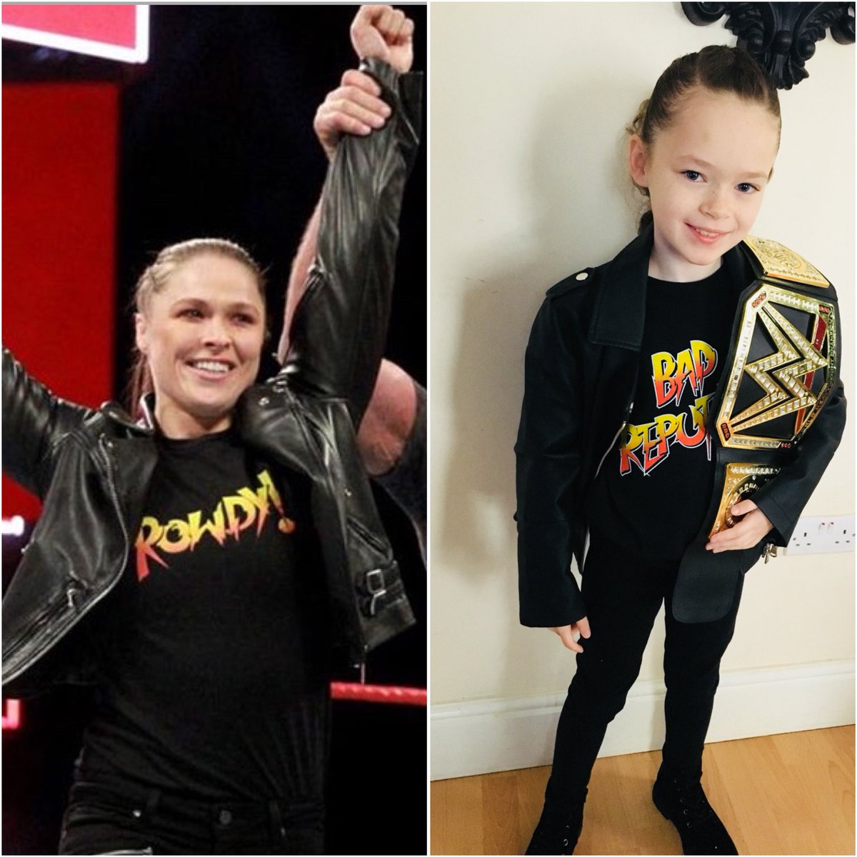 HanKeane's tweet photo. So today for schools sports personalities themed children in need day my Marnie was a wrestling superstar in a sea of footballers. Couldn’t get the women’s championship belt anywhere but here’s my little Rowdyyy Rondaaaa Rouseyyy. 💁🏻‍♀️ @RondaRousey @WWE @WWERawTour https://t.co/3HZDAjZwcs
