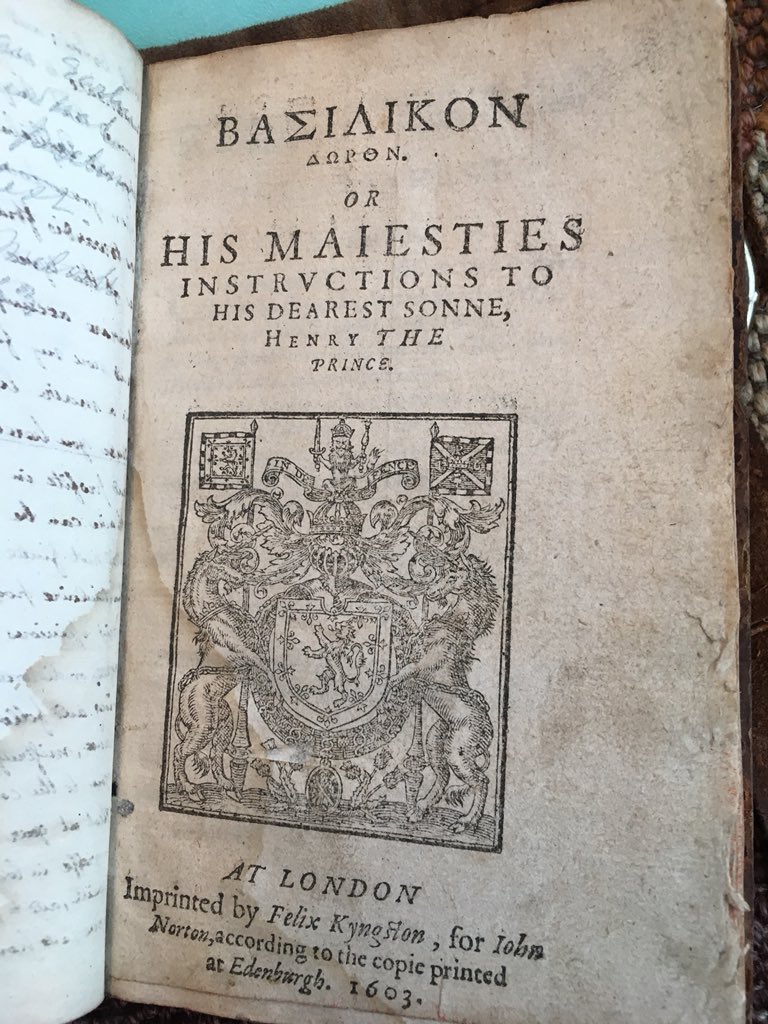 AGroundw's tweet photo. Taking my 1603 edition of #James6&amp;1’s #basilikon doron into my #DH classes today to test the loss of physicality in digital sources @HCAatEdinburgh. Heart-stopping moment when I forgot its secret hiding place... https://t.co/BC4cZJrXlX