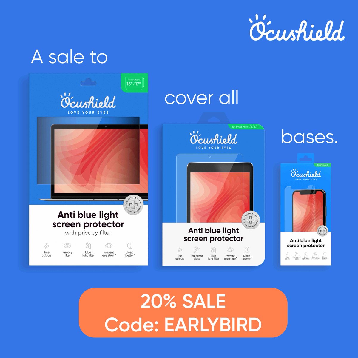 GetOcuShield's tweet photo. With a cyber fuelled shopping spree ahead, give your eyes the protection they need. Use our EARLYBIRD code for 20% off all our blue light blocking products, for any device you’ll be using! #bluelight #bluelightfilters #ocushield https://t.co/8oA30lFzlI